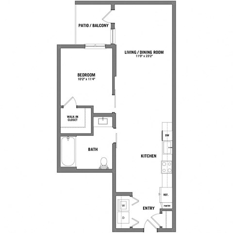 Floor plan for 1 bed, 1 bath, 810 sqft